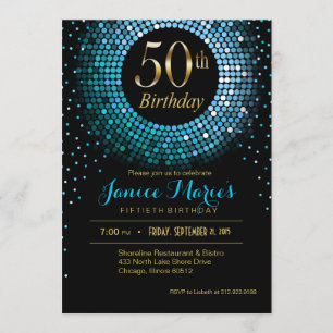 Glitz Bling Confetti 50th Birthday blue gold black Invitation