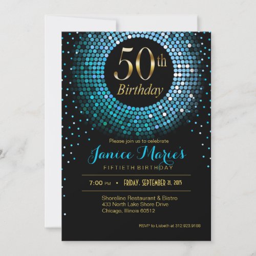 Glitz Bling Confetti 50th Birthday blue gold black Invitation