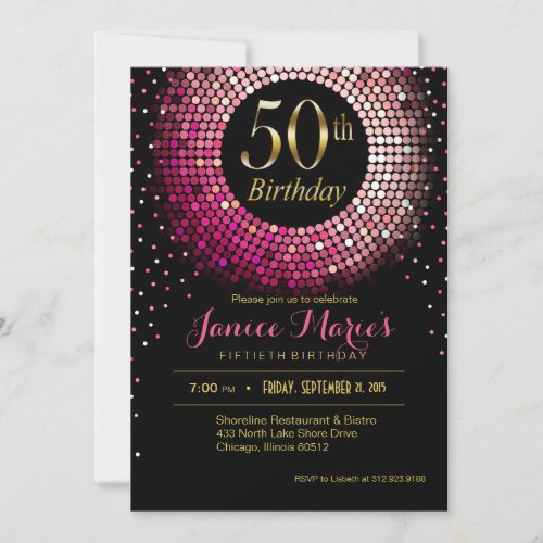 Glitz Bling Confetti 50th Birthday pink gold black Invitation