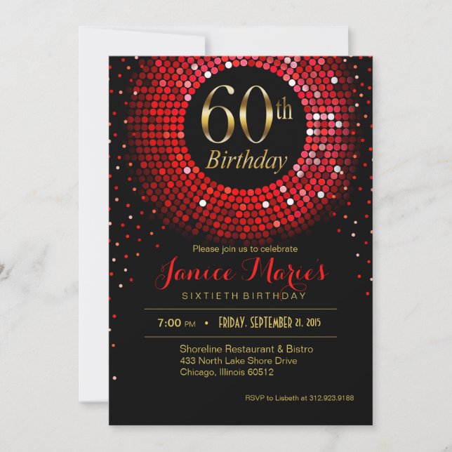 Glitz Bling Confetti 60th Birthday red gold black Invitation (Front)