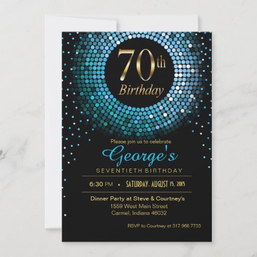 Glitz Bling Confetti 70th Birthday blue gold black Invitation