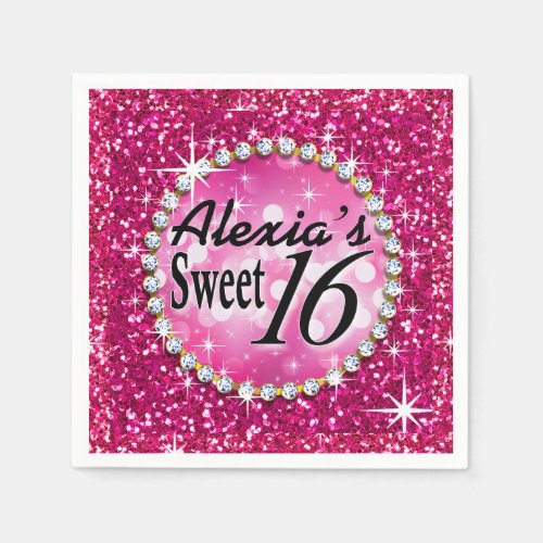 Glitz Bling Glitter Sparkle Sweet 16  fuchsia Paper Napkins