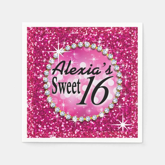 Glitz Bling Glitter Sparkle Sweet 16 | fuchsia Paper Napkins (Front)