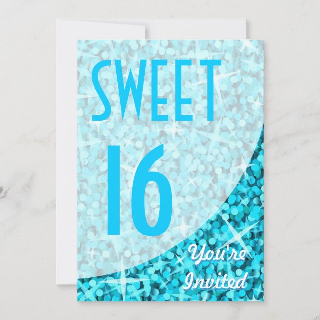 Glitz Blue curve "Sweet 16" invitation (Front)
