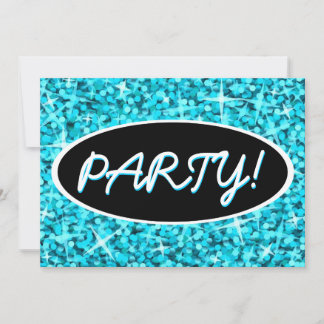 Glitz Blue 'Party!' black oval invitation