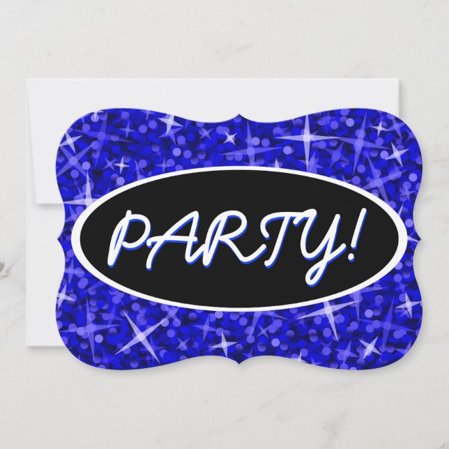 Glitz Dark Blue 'Party!' black oval bracket Invitation (Front)