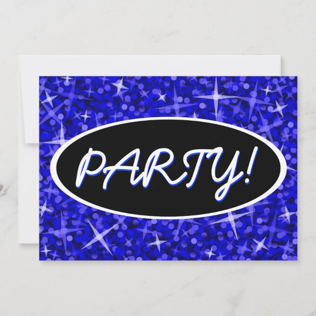 Glitz Dark Blue 'Party!' black oval invitation (Front)