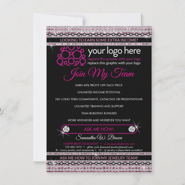 Glitz diamond pink Jewelry Join My Team Thank You Card