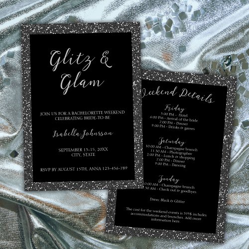 Glitz  Glam Black Glitter Bachelorette Weekend Invitation