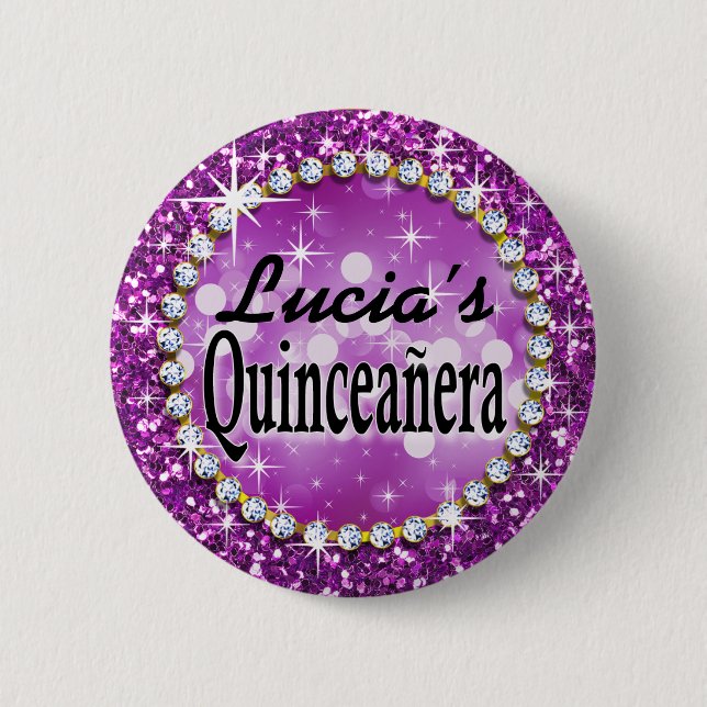 Glitz Glam Bling Quinceañera Celebration purple Pinback Button (Front)