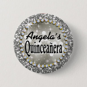 Glitz Glam Bling Quinceañera Celebration silver Pinback Button