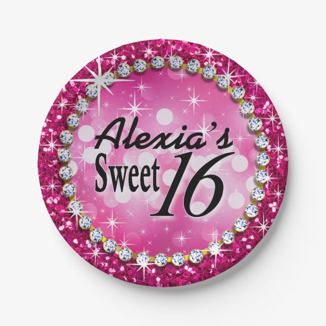 Glitz Glam Bling Sweet 16 Celebration fuschia Paper Plates (Front)
