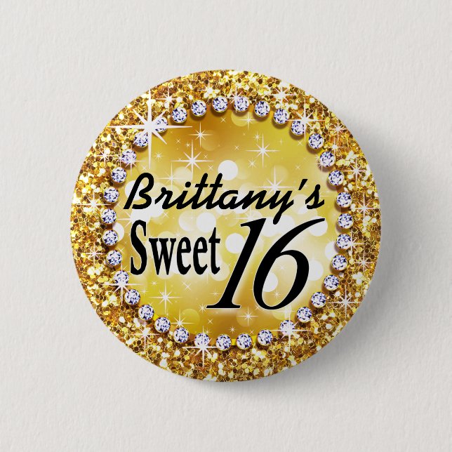Glitz Glam Bling Sweet 16 Celebration gold brite Button (Front)