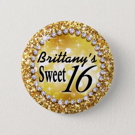 Glitz Glam Bling Sweet 16 Celebration Gold Brite Button