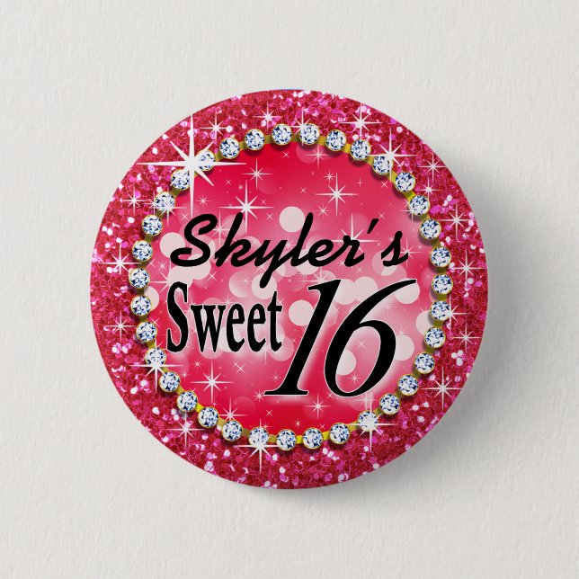 Glitz Glam Bling Sweet 16 Celebration hot pink Button (Front)