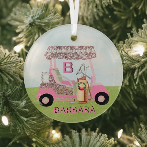 Glitz Glam Christmas Golf Cart Clubs Name Glass Ornament