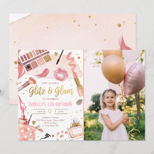 Glitz Glam Glamour Party Spa Girl Makeup Birthday Invitation (Front/Back)