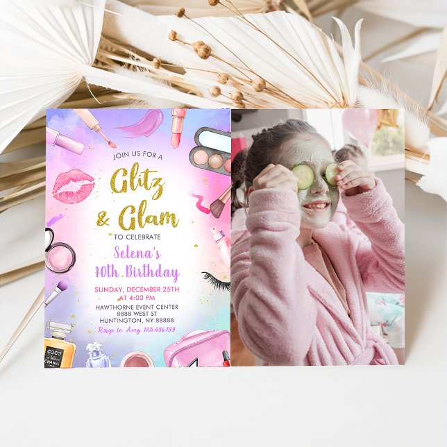 Glitz Glam Glamour Spa Party Makeup Birthday Photo Invitation (Creator Uploaded)