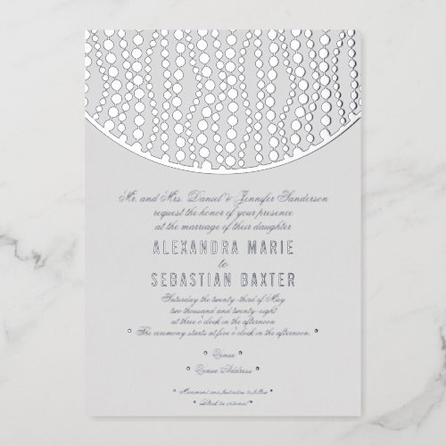 Glitz  Glam Modern Elegant Pearls Wedding Silver Foil Invitation