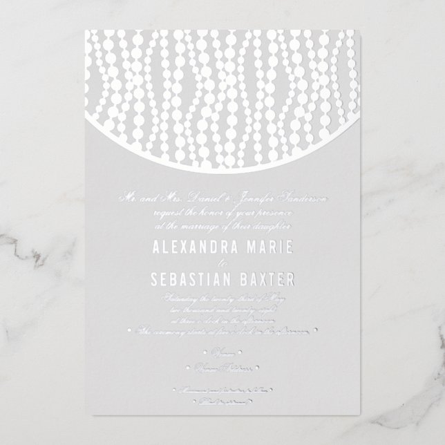 Glitz & Glam Modern Elegant Pearls Wedding Silver Foil Invitation (Front)