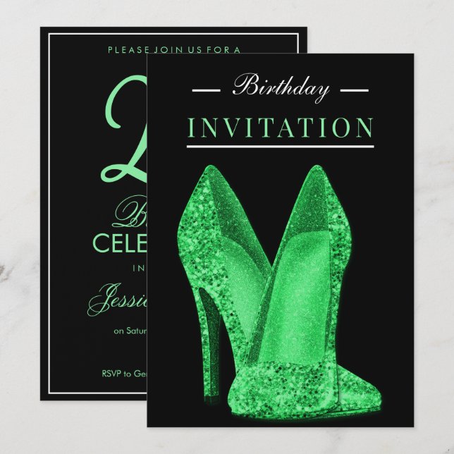 Glitz & Glamor Bright Green 25th Birthday Invitation (Front/Back)
