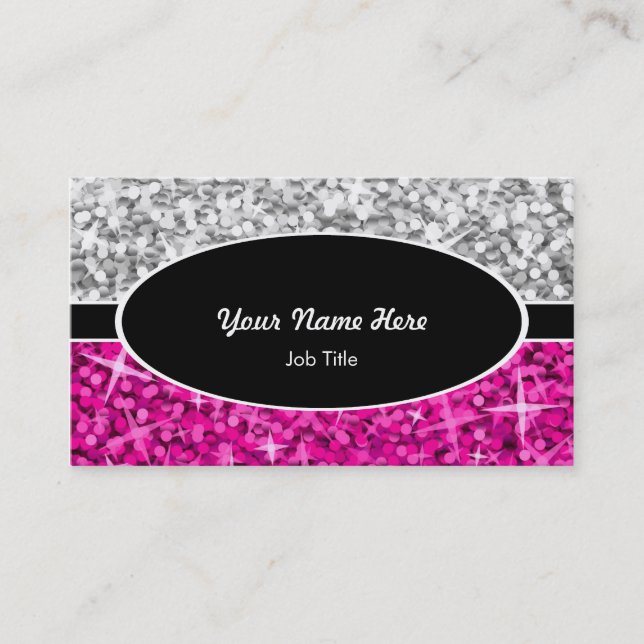 Glitz Mix "Silver" Pink black oval business card (Front)