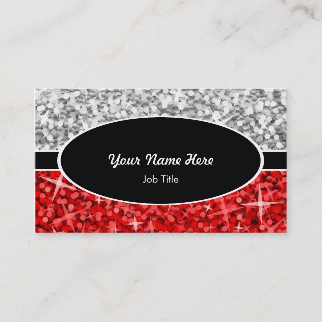 Glitz Mix "Silver" Red black oval business card (Front)