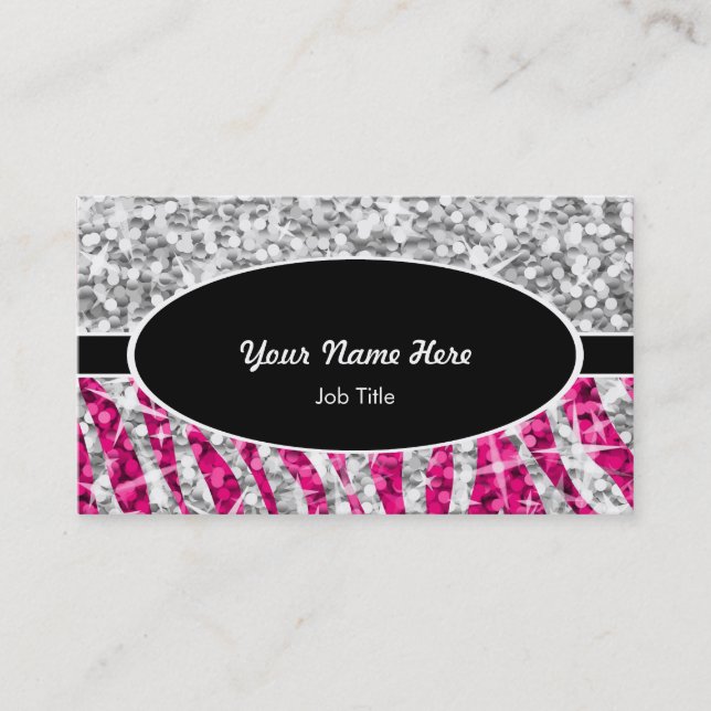 Glitz Mix "Silver" Zebra Pink black oval Business Card (Front)