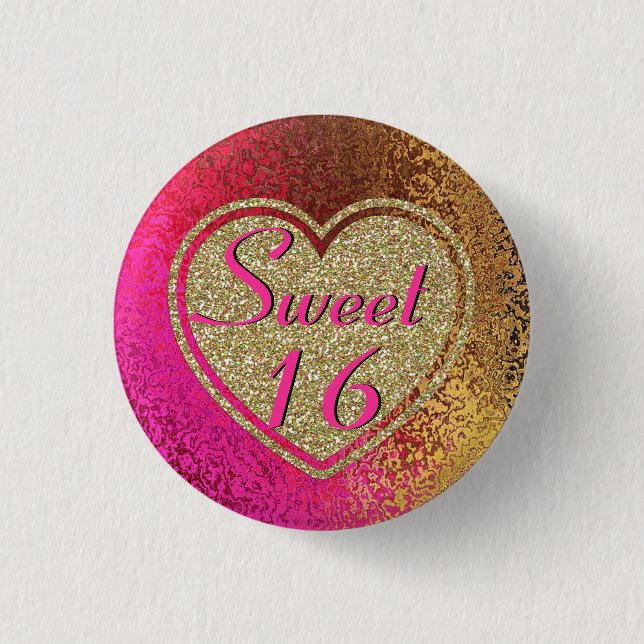 Glitz Pink & Gold Sweet 16 Button (Front)