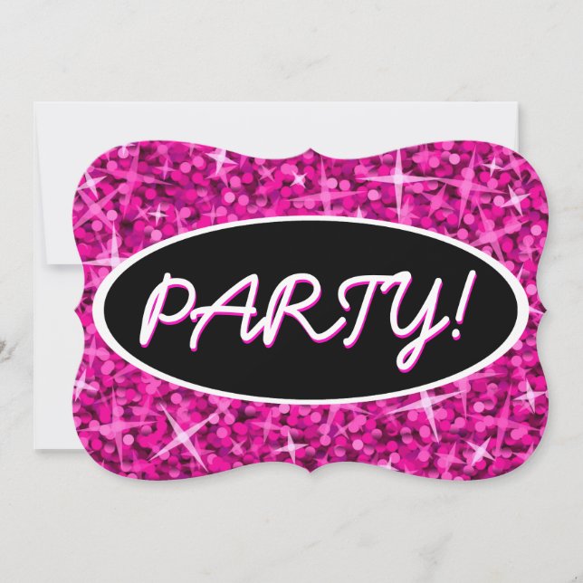 Glitz Pink 'Party!' black oval invitation bracket (Front)