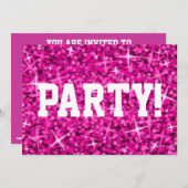 Glitz Pink 'Party!' invitation white text (Front/Back)