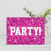 Glitz Pink 'Party!' invitation white text (Standing Front)