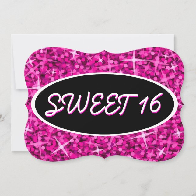 Glitz Pink 'Sweet 16' black oval bracket Invitation (Front)