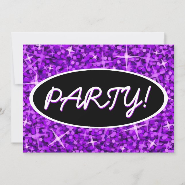 Glitz Purple 'Party!' black oval invitation (Front)