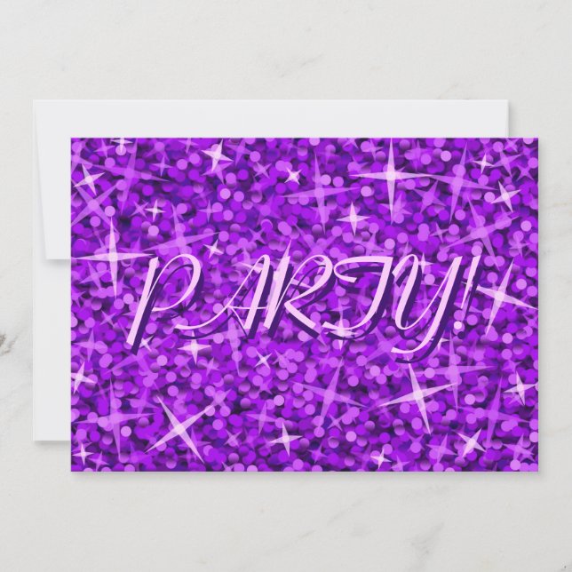 Glitz Purple 'Party!' invitation lilac text (Front)