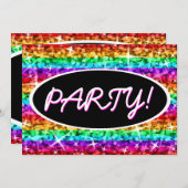 Glitz Rainbow Stripe Party! black oval invitation (Front/Back)