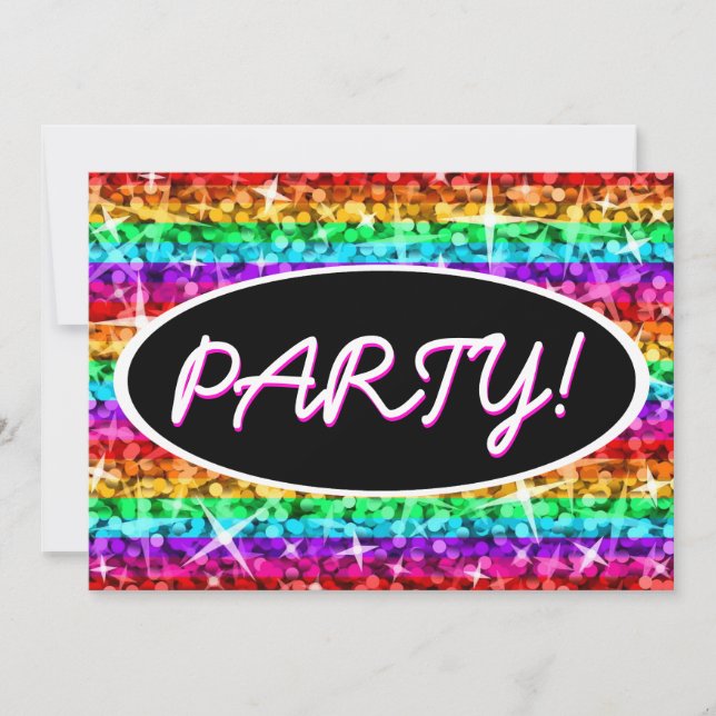 Glitz Rainbow Stripe Party! black oval invitation (Front)
