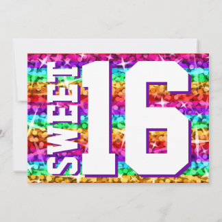 Glitz Rainbow Stripe 'Sweet 16' horizontal Invitation