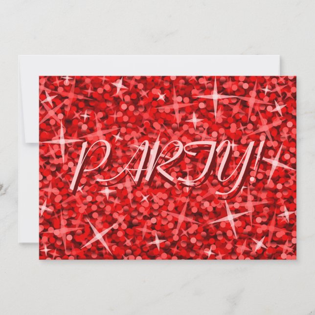 Glitz Red 'Party!' invitation pink text (Front)