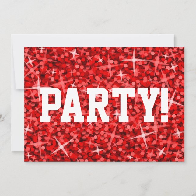 Glitz Red 'Party!' invitation white text (Front)