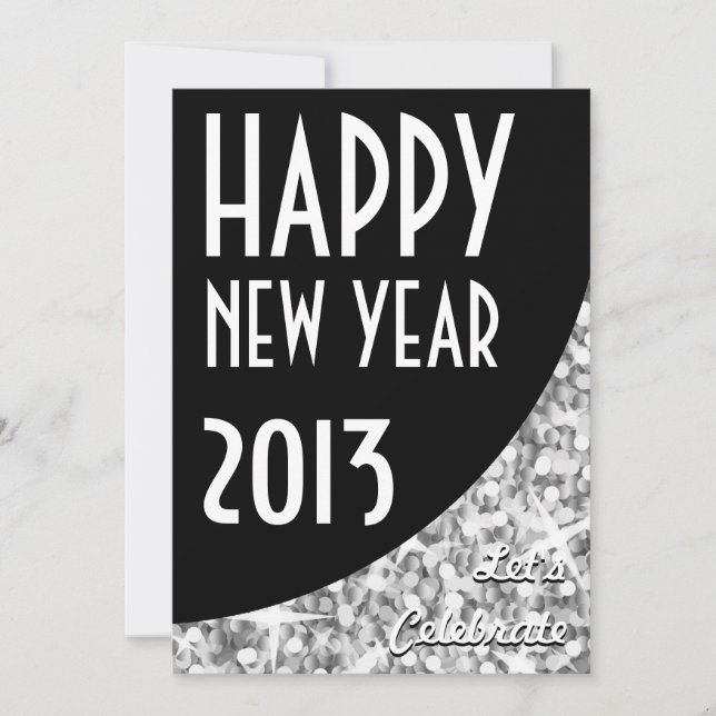 Glitz "Silver" black curve Happy New Year Invitation (Front)