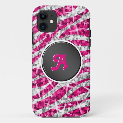 Glitz Zebra Pink monogram iPhone black iPhone 11 Case