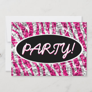 Glitz Zebra Pink 'Party!' black oval invitation
