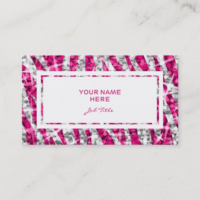 Glitz Zebra Pink rectangle business card white (Front)