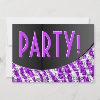 Glitz Zebra Purple black curve 'Party!' Invitation
