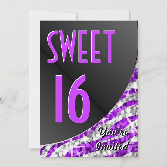 Glitz Zebra Purple curve "Sweet 16" invitation (Front)