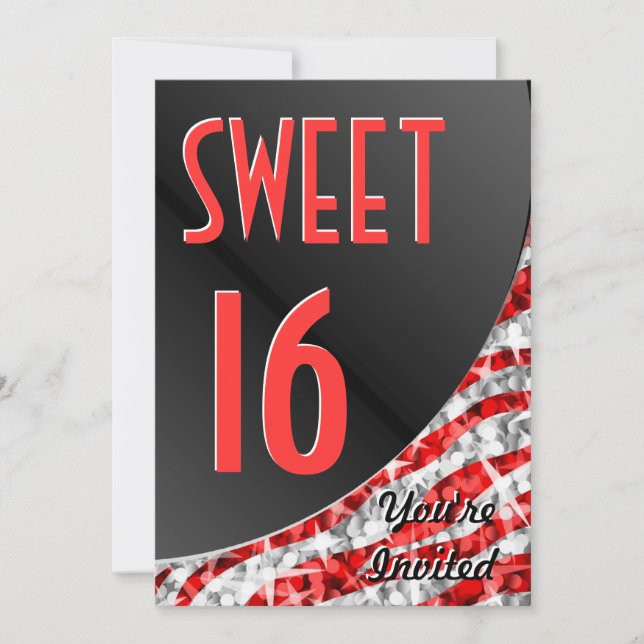 Glitz Zebra Red curve "Sweet 16" invitation (Front)