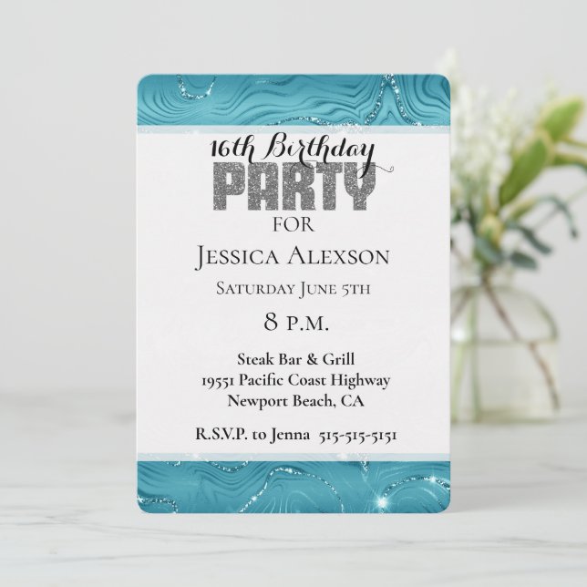 Glitzy Aqua Blue Turquoise Glitter Birthday Invitation (Standing Front)