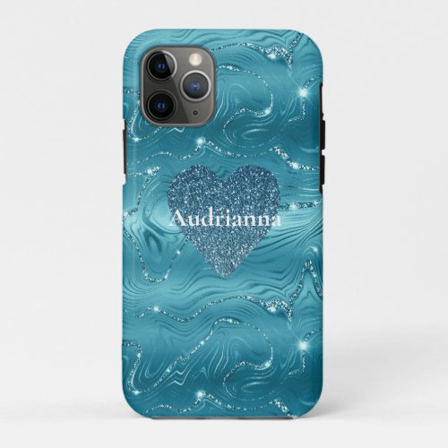 Glitzy Aqua Blue Turquoise Marble Glitter Heart iPhone 11 Pro Case