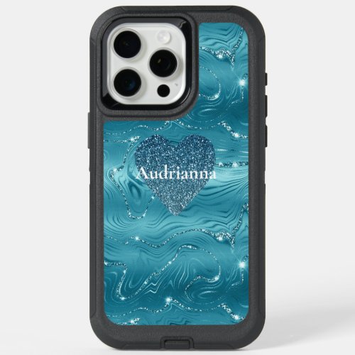 Glitzy Aqua Blue Turquoise Marble Glitter Heart iPhone 15 Pro Max Case
